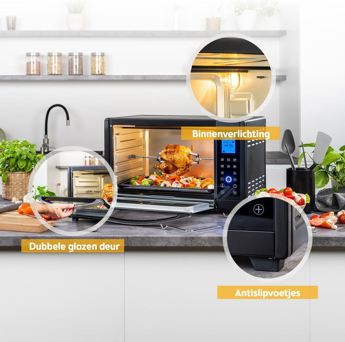 TZS First Austria - Minibakoven digitaal 30L 1600W - Mini Oven traploze temperatuurregeling tot 230°C - Minioven 60 m timer, 3 inschuifhoogtes, bakplaat & grillrooster - Voor kleine keukens & kamperen