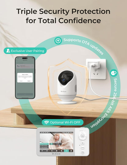 Dr.Care VistaView Lite Smart WiFi babyfoon, 2 camera's, 4 inch 720p split-scherm, 1080p app-bediening, bewegingsdetectie, nachtzicht, 2500 mAh afneembare batterij, 2-weg communicatie, 300 m bereik.