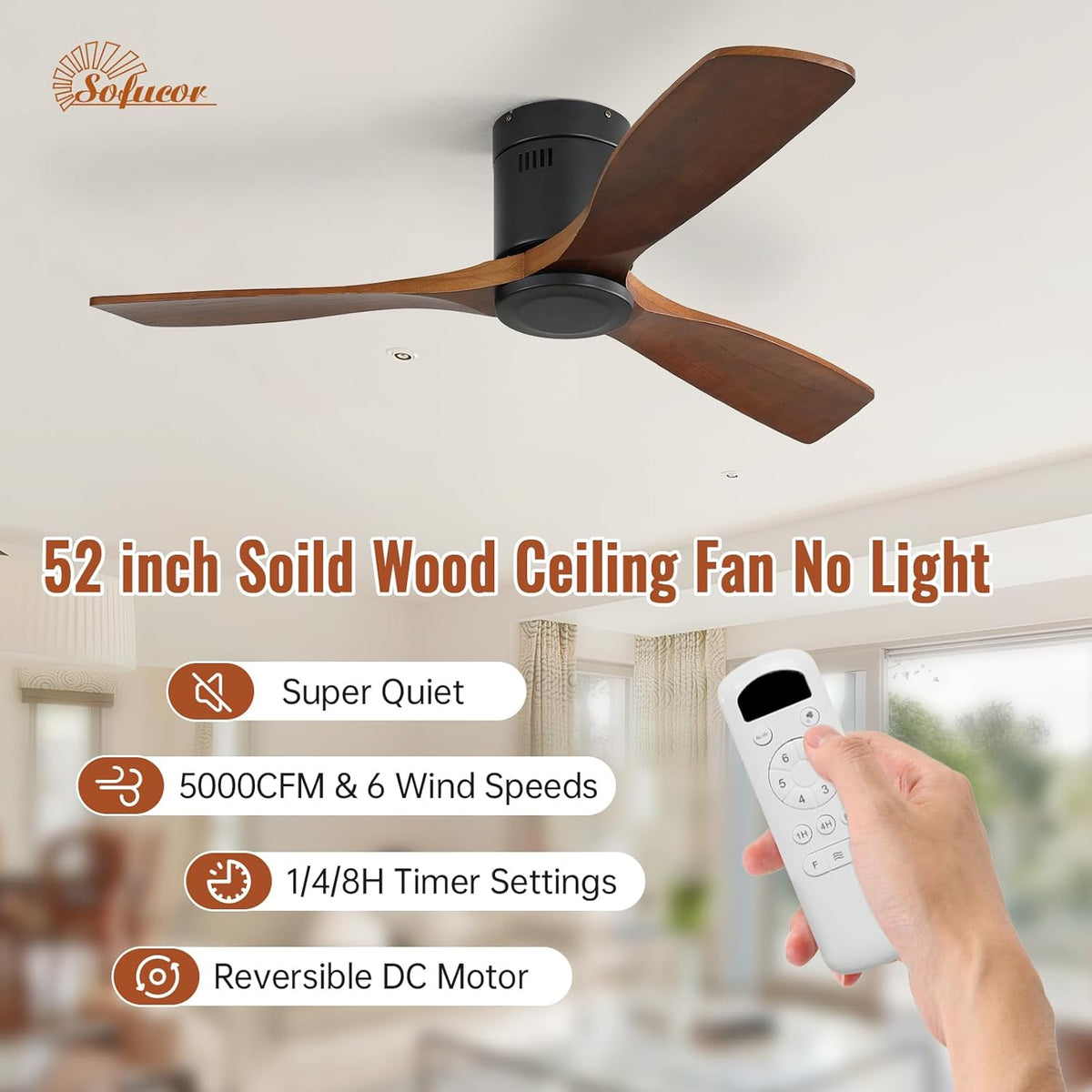 Sofucor Plafondventilator met Afstandsbediening, 132cm Plafondventilator van Massief Hout, 6 Snelheden, Timer, DC-motor, Zomer-wintermodus, Stille Ventilator voor Slaapkamer