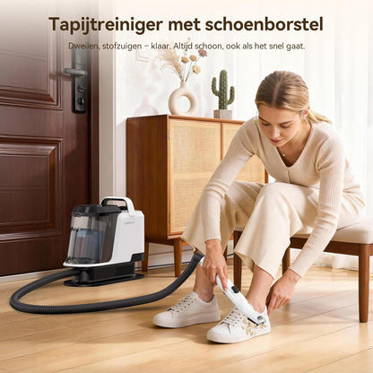 Tapijtreiniger – Vlekkenverwijderaar – Stoffenreiniger – Meubelreiniger – Schoonmaakmachine – Krachtige Zuigkracht 18 kPa – 600 Watt Motor – Dubbelzijdige Borstel – 2 Watertanks 1,2 L – Voegborstel – Zwart-Wit Variant