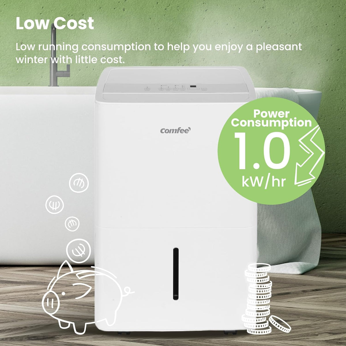 COMFEE' Déshumidificateur 50L/jour, Déshumidificateur d'air convenant jusqu'à 116㎡, Réservoir d'eau 6L, Roues, Roues, Séchage, Bruit réduit, MDDPE-50DEN7