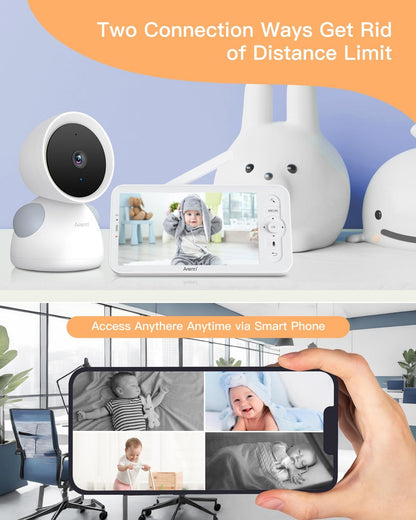 ARENTI Babyfoon met 2 camera's en app 2K/3MP, 5 inch wifi-video-babyfoon PTZ 355°, automatische tracking, schrijfherkenning, temperatuur- en luchtvochtigheidssensor, nachtzicht, compatibel met Alexa