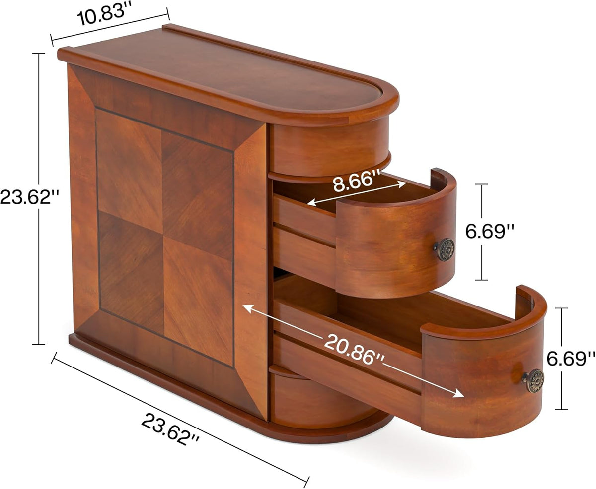 Tribesigns Wooden Side Table Set of 2, Narrow Solid Side Table 2-Drawer Slim Chair Side Table, No Assembly Required, Finished Backing, Walnut