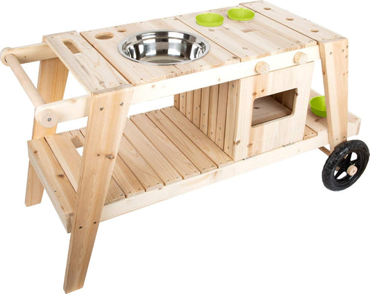 Small Foot 11665 modder van massief en weerbestendig hout voor kinderen vanaf 3 jaar, buiten keuken met accessoires en wielen speelgoed