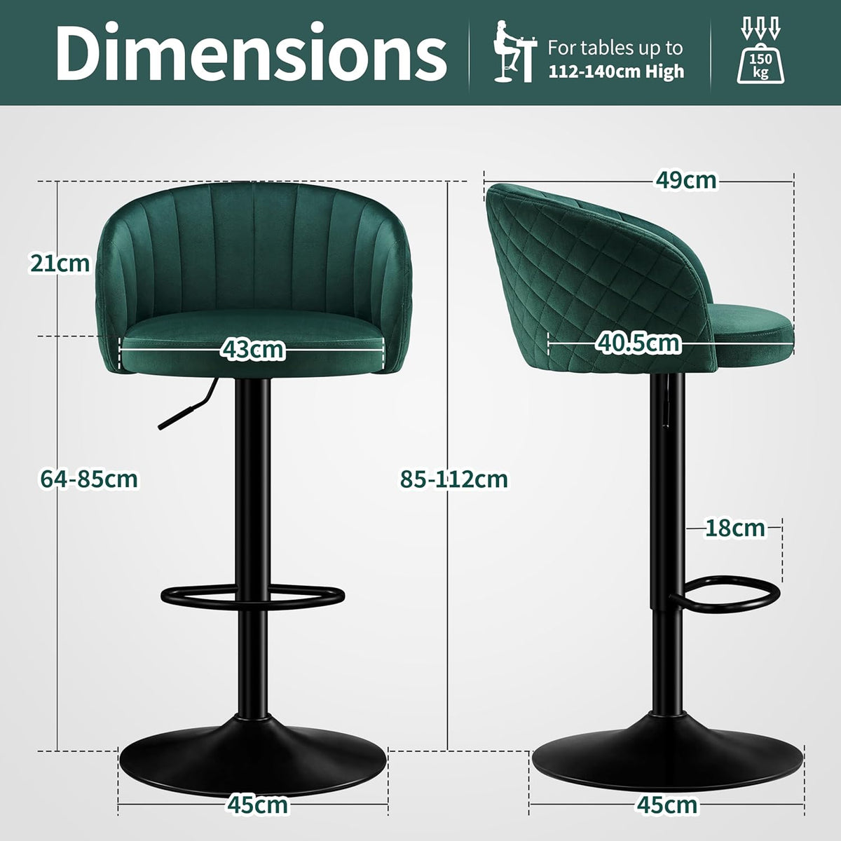 Bar Stool Height Adjustable Set of 2 Bar Stool Milk Velvet Fabric, Bar Chairs with Backrest and Armrest Bar Chair 360° Rotatable, Adjustable Bar Stools, Bar Chair Resilient 150kg-Green - QUORE
