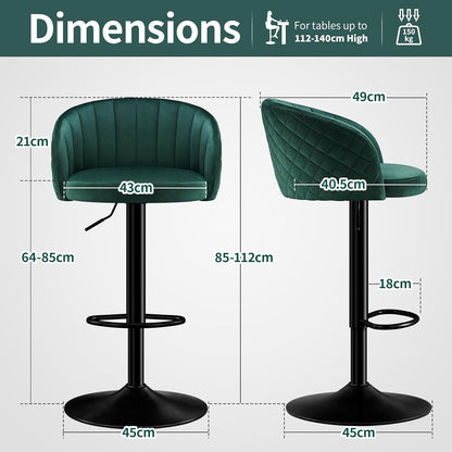 Bar Stool Height Adjustable Set of 2 Bar Stool Milk Velvet Fabric, Bar Chairs with Backrest and Armrest Bar Chair 360° Rotatable, Adjustable Bar Stools, Bar Chair Resilient 150kg-Green - QUORE