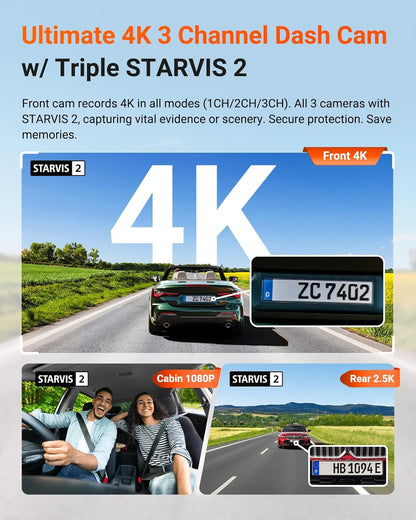 VANTRUE Starvis 2 N4 Pro S 4K dashcam voor de auto, 3-kanaals 4K + 1080P + 1440P met GPS, parkeerbewaking 24 uur, spraakbediening, IR-nachtzicht, LTE