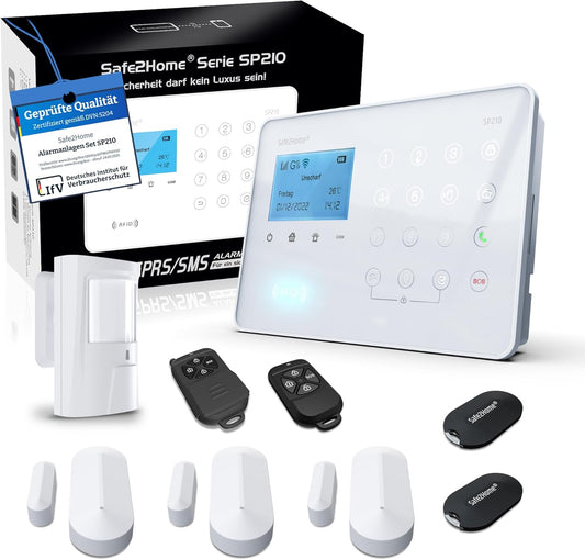 Safe2Home® Funk alarmsysteem basisset SP210 met sabotagebescherming en lichtbesturing - Duits - GSM WLAN alarmsysteem SMS alarmering - alarmsystemen voor thuis kantoor incl. accessoires en sensoren