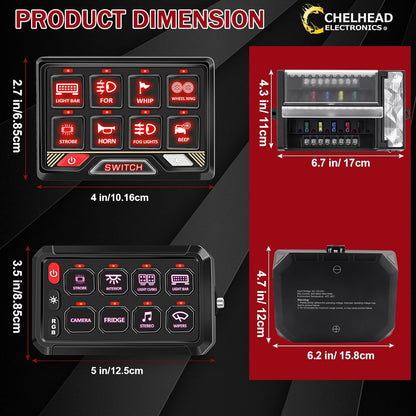 Chelhead Paneel Schakelaar: 12v/24v 8 controle Tuimelschakelaar RGB Universele Controle Relaissysteem met Aux-circuit voor Offroad Voertuig Auto Truck Boot