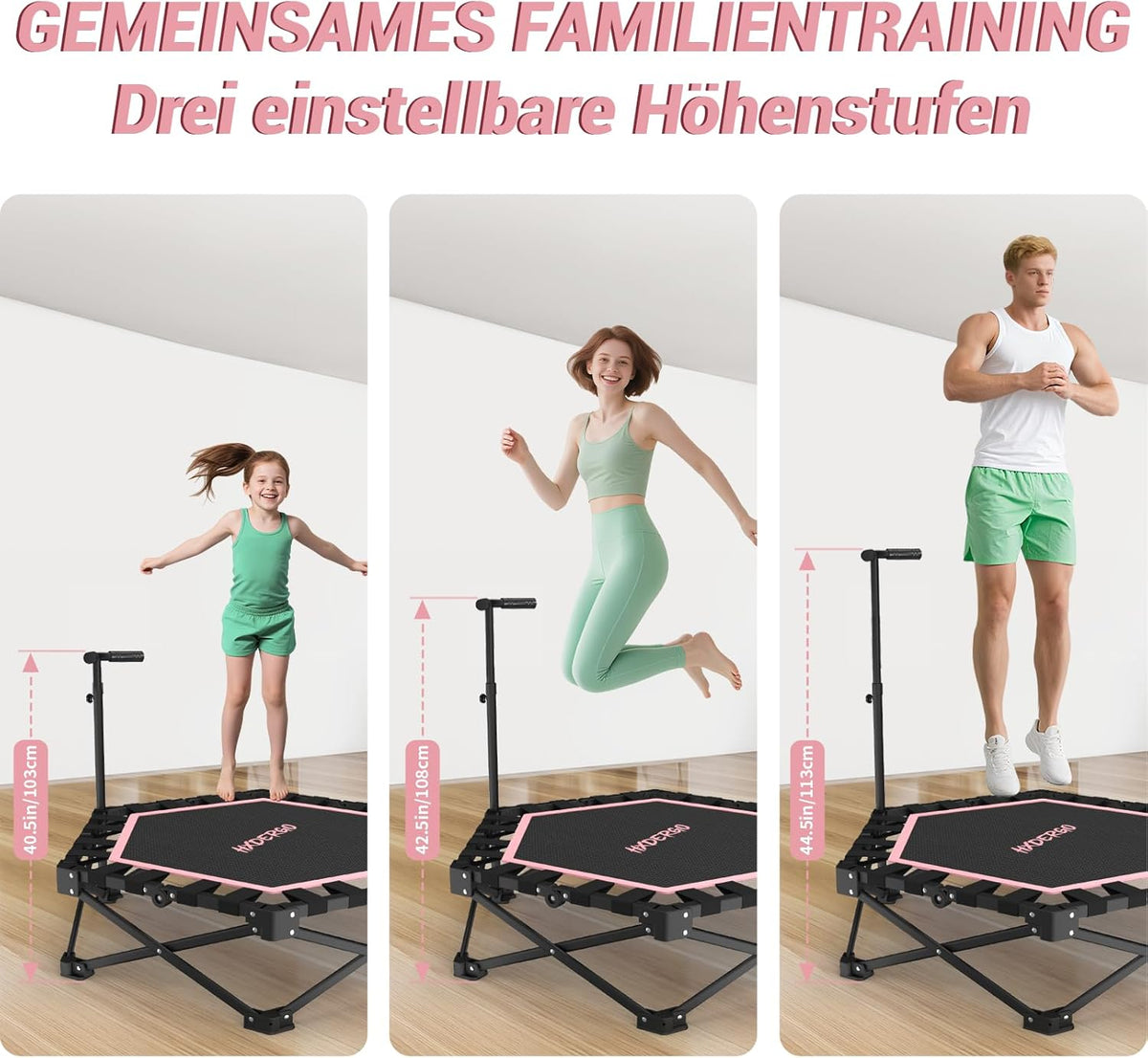 Fitness trampoline Ø106,5 cm – opvouwbare volwassen trampoline met verstelbare handgreep en veerkrachtig compact ontwerp – stil trampoline voor thuis workout