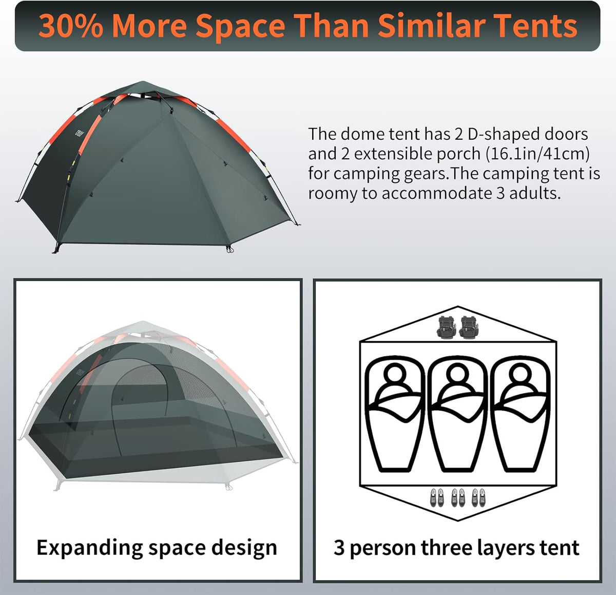 Campingtent, 3-persoons Instant pop-up tent, waterdichte drielaagse automatische koepeltent, grote lichtgewicht 4 seizoenen tent, backpacktent met afneembare regenvlieg 2 uitbreidbare veranda