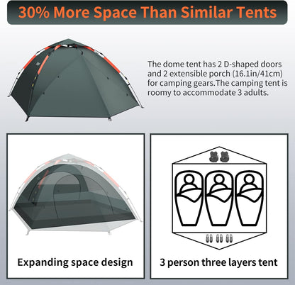 Campingtent, 3-persoons Instant pop-up tent, waterdichte drielaagse automatische koepeltent, grote lichtgewicht 4 seizoenen tent, backpacktent met afneembare regenvlieg 2 uitbreidbare veranda