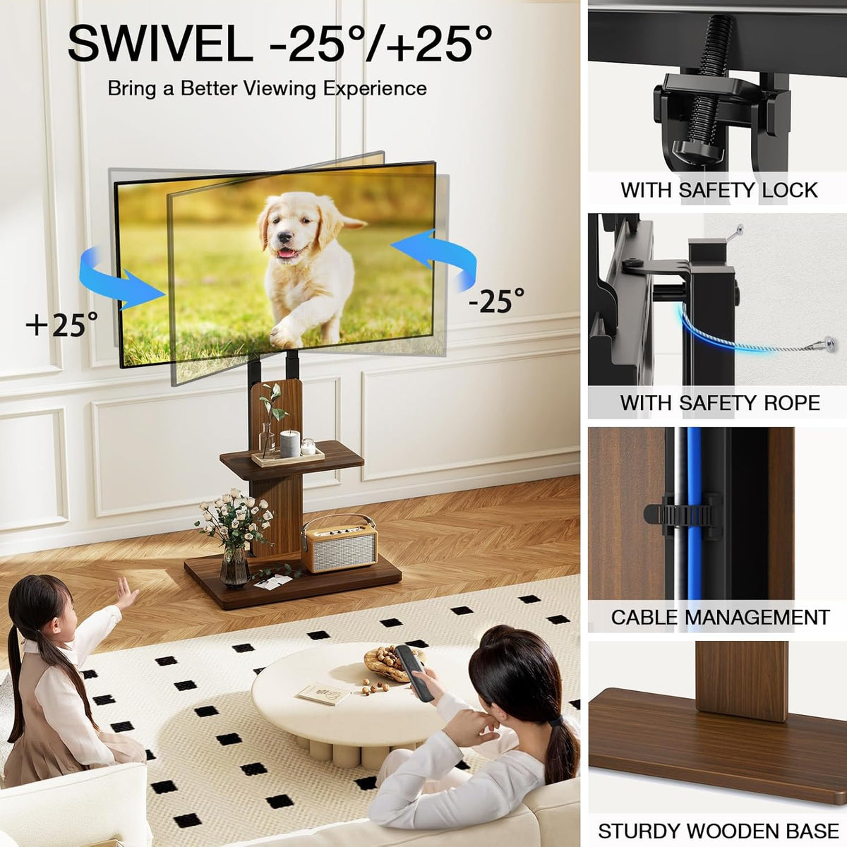 TVON TV vloerstandaard met verborgen wielen voor 32-70 inch tv's, in hoogte verstelbaar, tv-standaard tot 45 kg, met verstelbare houten plank, max. VESA 400 x 400 mm
