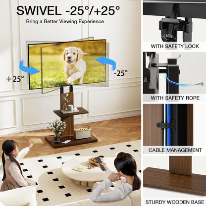 TVON TV vloerstandaard met verborgen wielen voor 32-70 inch tv's, in hoogte verstelbaar, tv-standaard tot 45 kg, met verstelbare houten plank, max. VESA 400 x 400 mm