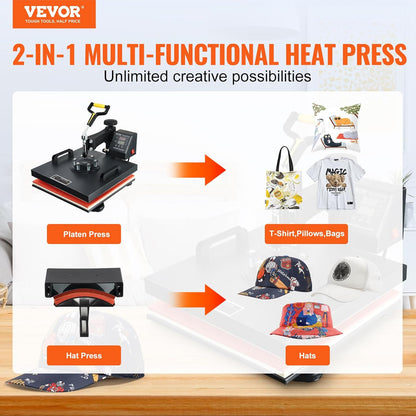 VEVOR Warmtepersmachine 2 in 1 Sublimatie Machine 1500W Warmteoverdrachtsprinter met LCD Digitaal Display en Instelbare Druk Geschikt voor T-shirts Petten Keramische Platen en Vele Andere Materialen