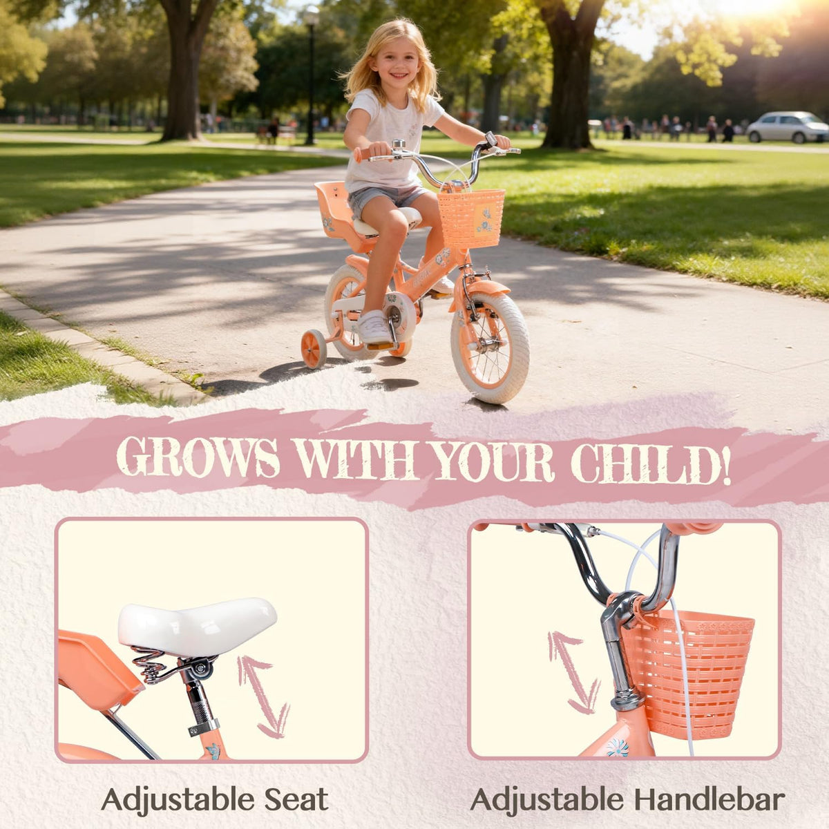 Glerc Kinderfiets voor meisjes, 30,5 - 50,8 cm (12-20 inch), voor kinderen van 2, 3, 4, 5, 6, 7, 8, 9, 10, 11, 12, 13 jaar, kinderfiets met poppenzitje, mand, steunwielen en houder, meerkleurig