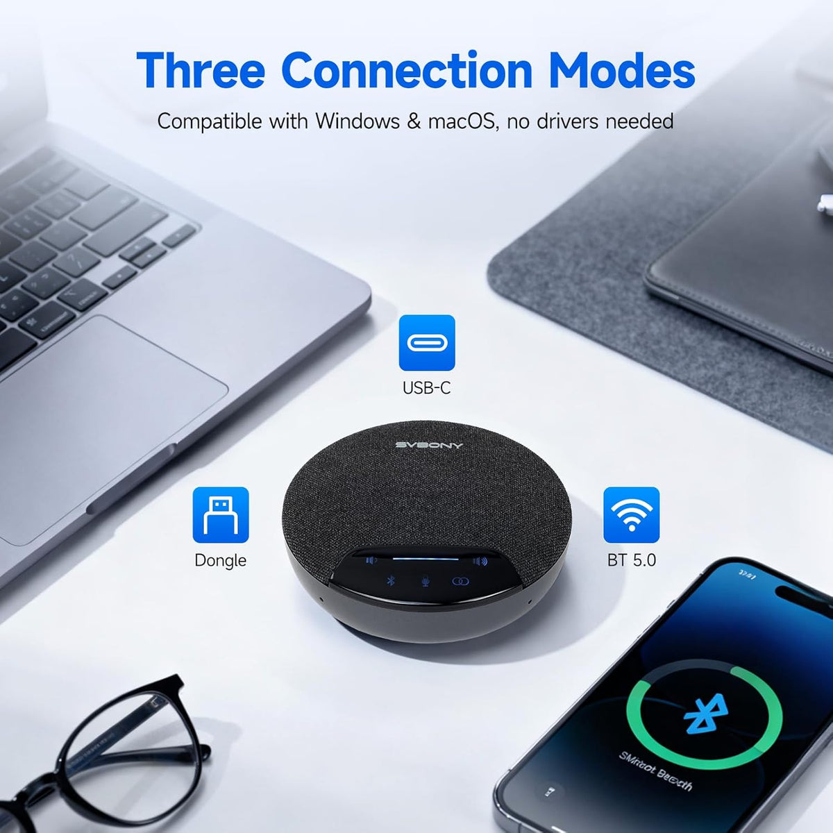 SVBONY SVN O1 Wireless Conference Speaker, AI Noise Cancellation, Wireless Cascading, 4 Microphones, 360° Full Duplex Speaker, Bluetooth 5.0 and USB Dongle for Large Meeting Rooms (2 Pack) - QUORE