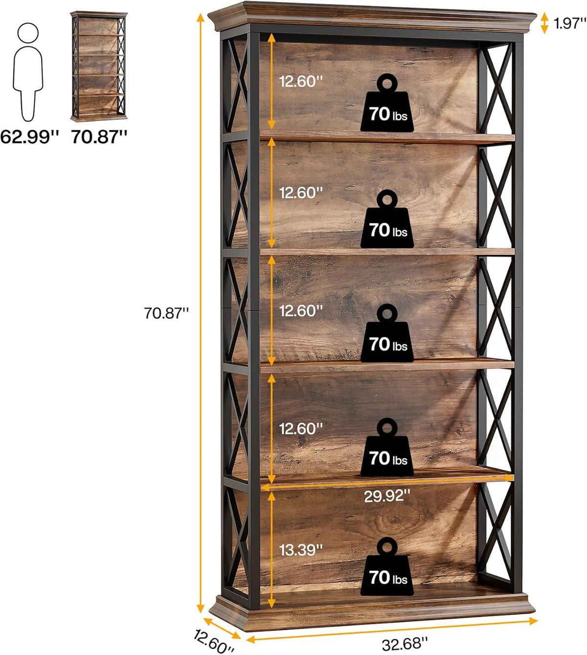 Tribesigns 6 Tier Bookcase, 71 Inch Industrial Bookcases and Bookcases, Floor Standing, 5 Shelves, Storage Shelves, Tall Bookcase for Home Office, Living Room, Bedroom, Brown and Black