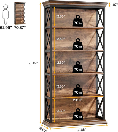 Tribesigns 6 Tier Bookcase, 71 Inch Industrial Bookcases and Bookcases, Floor Standing, 5 Shelves, Storage Shelves, Tall Bookcase for Home Office, Living Room, Bedroom, Brown and Black