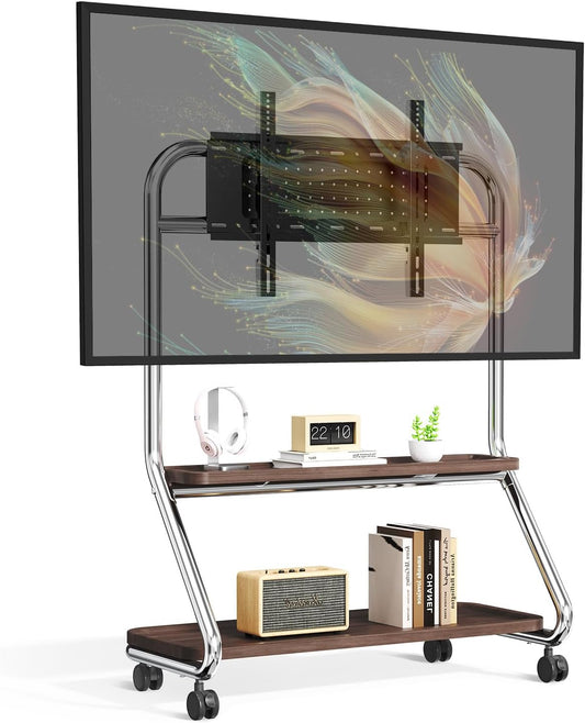 Tv-standaard, oprolbaar met houten plank, in hoogte verstelbare tv-standaard, tv-vloerstandaard voor 40 tot 75 inch flatscreen tot 50 kg. Max. VESA 600 x 500 mm (zilver)