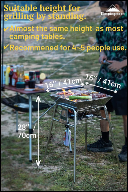 CAMPINGMOON Opvouwbare Camping Houtskool Grill BBQ RVS Stand Type MT-5