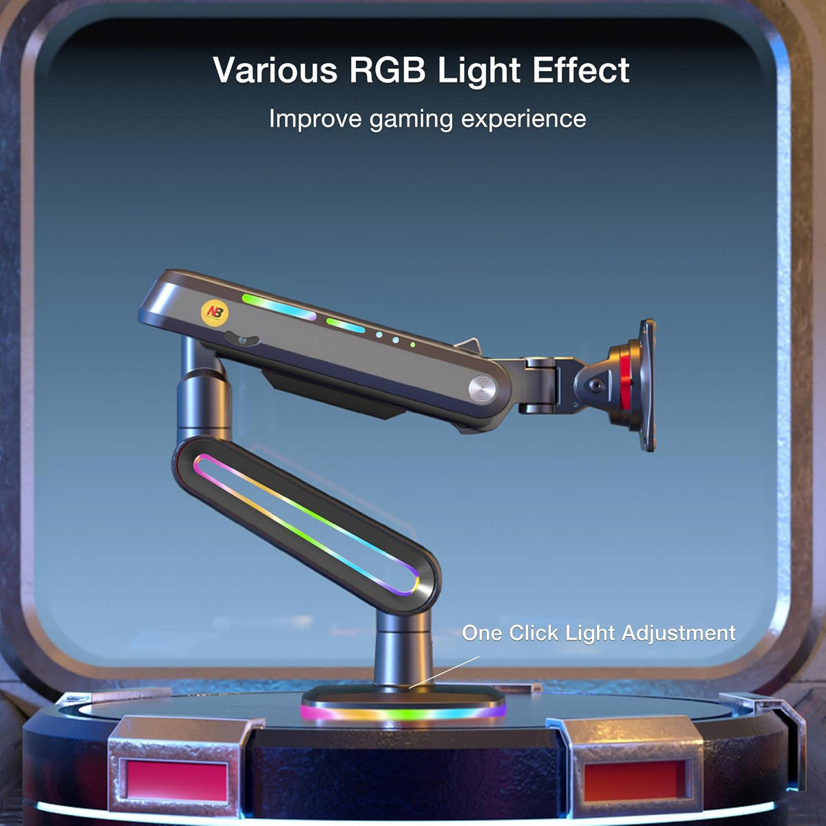 Monitor arm met RGB verlichting – Zwart – Monitorhouder, monitorsteun, schermarm, beeldschermhouder – Voor vlakke, ultrabrede en gebogen schermen van 32 tot 60 inch – Belastbaar tot 20 kg, VESA 75x75 en 100x100 mm