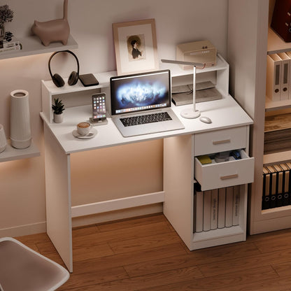 Mondeer Wit computerbureau met 2 laden en opbergplanken, 105 x 48 x 94 cm, laptop studeertafel voor kleine ruimte thuiskantoor werkstation