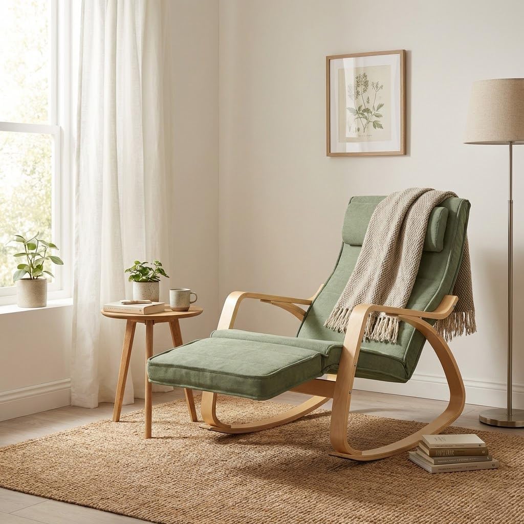 WeHome Swing Amor Schommelstoel met armleuningen van hout, Rocking Chair, schommelstoel met verstelbare voetensteun, woonkamerstoel, slaapkamerstoel (stof, groen)