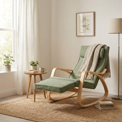 WeHome Swing Amor Schommelstoel met armleuningen van hout, Rocking Chair, schommelstoel met verstelbare voetensteun, woonkamerstoel, slaapkamerstoel (stof, groen)