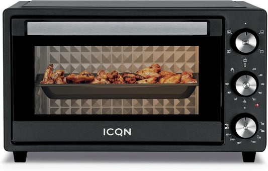 ICQN Minioven 20L, pizzaoven, boven-/onderwarmte met circulatiefunctie, 5 grill-functies, 90 minuten timer, 1500 W, mini-oven, 80 °-250 °C, bakplaat/grill/kruimelplaat en plaathouder, zwart