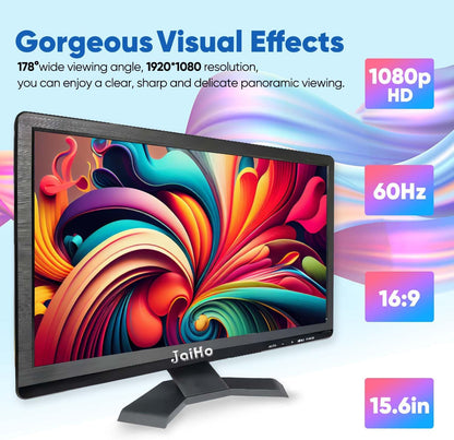 JaiHo Monitor, 39,6 cm (15,6 inch), 1080p, led-display (1920 x 1080), FHD 1080p, 60Hz, ingebouwde luidspreker, voor pc, CCTV, beveiligingscamera, zwart