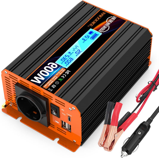 600W Omvormer – Stroomomzetter – Spanningsconverter – DC naar AC Converter – Inverter 12V 220V – Pure Sinusgolf – Intelligent LCD-Display – USB-A en USB-C Aansluitingen - QUORE