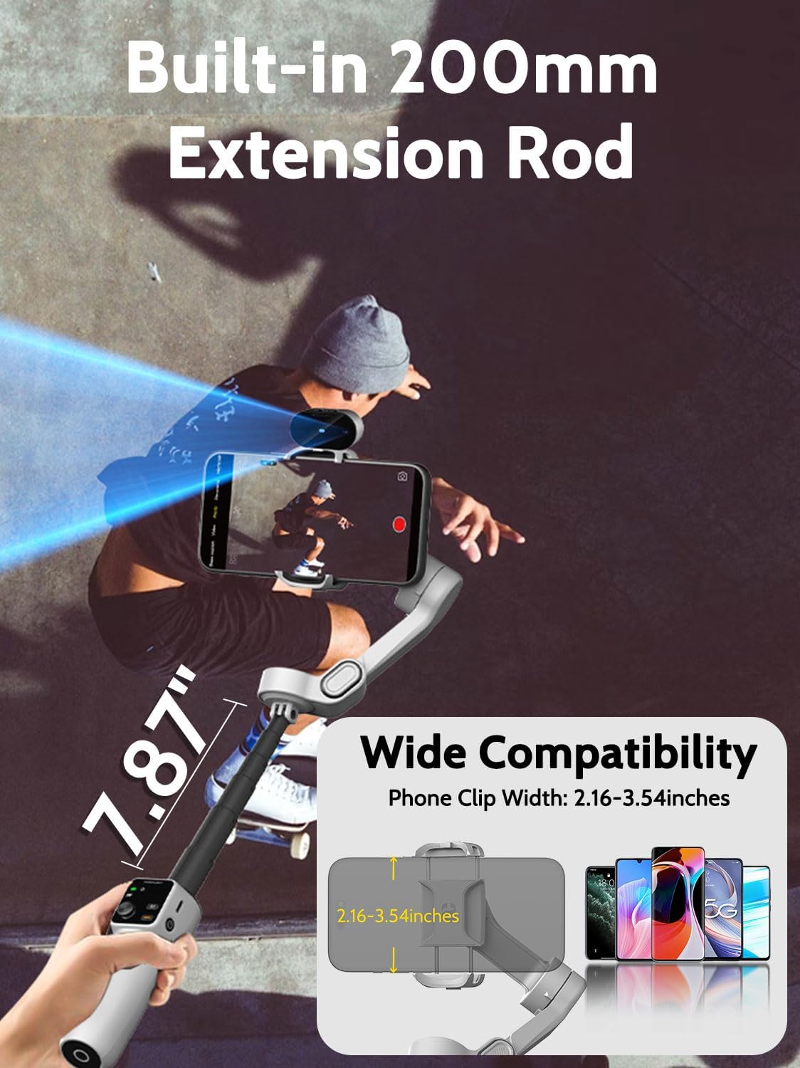 AOCHUAN Gimbal-stabilisator voor video-opname, smartphone 3-assige smartphone-gimbal met AI-trackingsensor voor vlogging, 7,8 inch verlengstang, triggerknop, YouTube Tiktolk (Smart V8 AI wit)