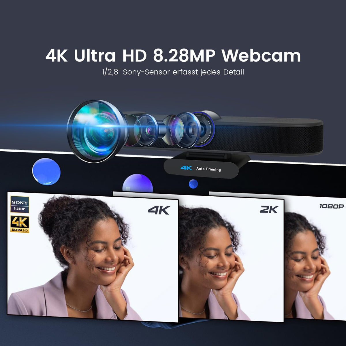 TONGVEO KI Automatische tracking 4K webcam met microfoons en luidsprekers, 5-voudige digitale zoom, ePTZ webcamera met afstandsbediening en twee microfoons, conferentie-webcam voor zoom, Skype, OBS