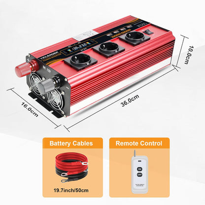 Spanningsomvormer – Omvormer – Inverter – Stroomomvormer – Spanningsconverter – 12V Naar 230V AC – 3000W Nominaal, 6000W Piekvermogen Met 4 USB-Poorten En 3 AC-Stopcontacten