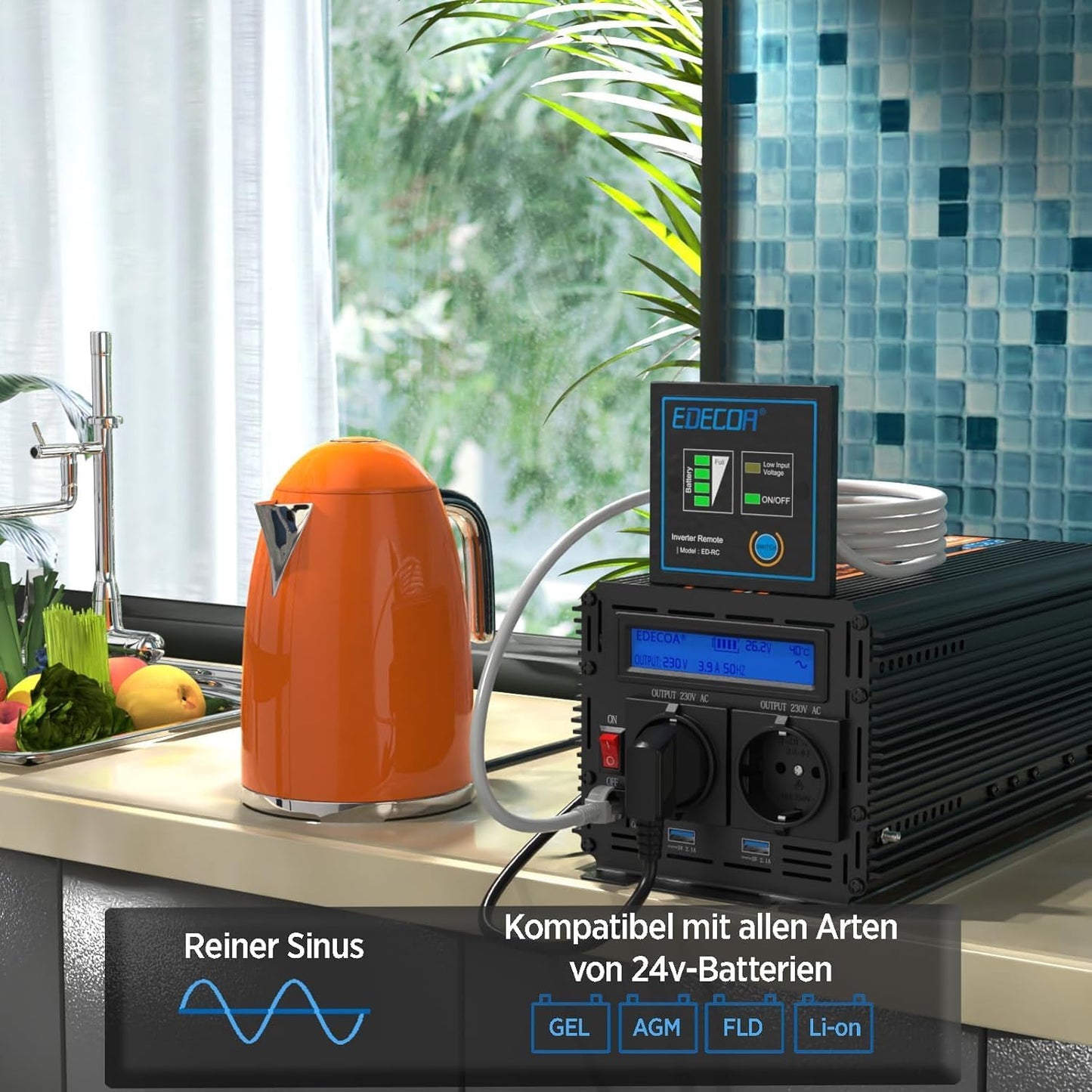 EDECOA 1500 W/3000 W 24 V 230 V omvormer zuivere sinus spanningsomvormer 24 V naar 220 V converter met afstandsbediening en 2 USB LCD-scherm met informatie over de omvormer