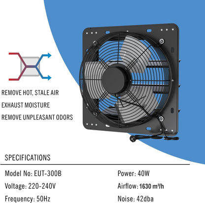 Regelbare afvoerventilator 300 mm – Shutterventilator – Wandventilator – Afzuigventilator – Ventilatieventilator – 1650 m³/u luchtverplaatsing – Verzinkt stalen frame met automatische kleppen