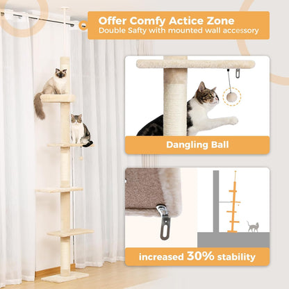 Kattenboom – Krabpaal – Klimpaal – Kattenmeubel – Kattenklimtoren – Verstelbare Hoogte 95-107 inch – Stevig Sisal & Luxe Pluche Platforms