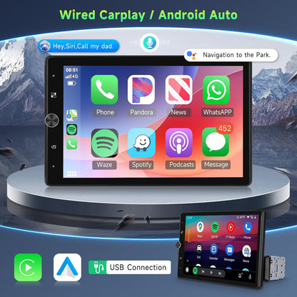 Autoradio 1 DIN met Carplay Android Auto bekabeld, 10,4 inch handmatig draaibaar touchscreen autoradio Bluetooth FM-radio, spiegel link, 2 USB, achteruitrijcamera