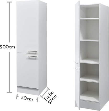 EDDY Moderne voorraadkast keuken in mat wit - ruime keukenkast met veel opbergruimte - 50 x 200 x 57 cm (b x h x d)