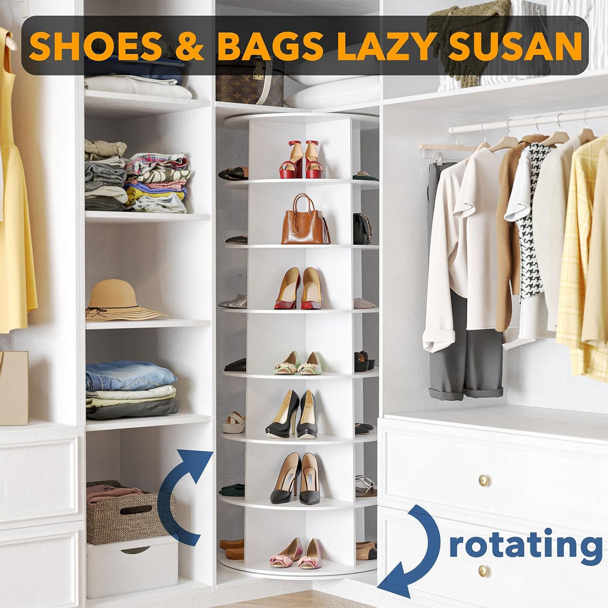 SpaceAid Roterende toren, schoenenrek met 7 niveaus, draaiend schoenendisplay Lazy Susan, 360 draaibaar schoenenrek, opslag, ronde carrousel, verticale kastorganizer voor handtassen en schoenen (7