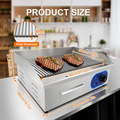 TAIMIKO Elektrische grillplaat, 3000 W, commercieel werkblad, gegroefde grillplaat, hete plaat, elektrische grill, tafelgrill, geribbeld oppervlak, barbecue, steaks, worstjes