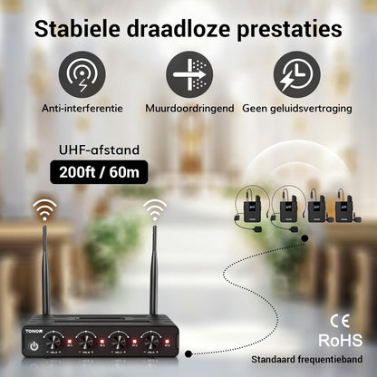 TONOR UHF Microfoon Draadloze Set met 4 Bodypack Zender/Koptelefoon/Lavalier Draadloos Microfoonsysteem, 4x5 Frequenties 60m Bereik Microfoonset voor Zang Karaoke Kerk DJ PA Systeem Luidspreker,TW364
