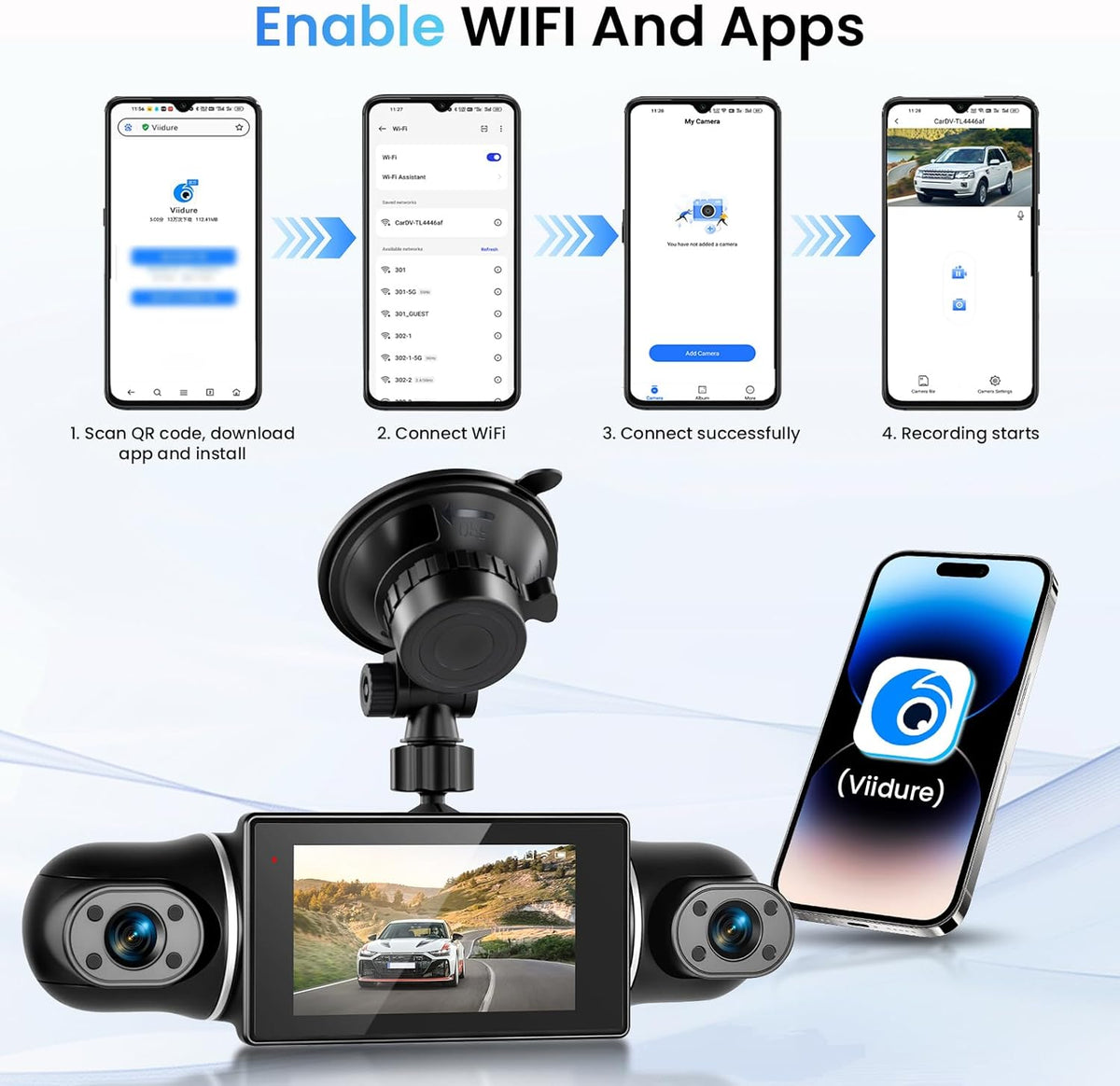 Dashcam – Autocamera – Auto Camera – Parkeercamera – 4 Camera's – 2K Voorcamera – 8 IR Nachtzicht