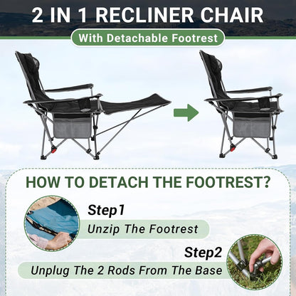#WEJOY 2-in-1 campingstoel, opvouwbaar met voetensteun, gevoerde ligstoel met verstelbare rugleuning, relaxstoel, ligstoel met bekerhouder, ligstoel voor outdoor, camping, zwart, set van 2