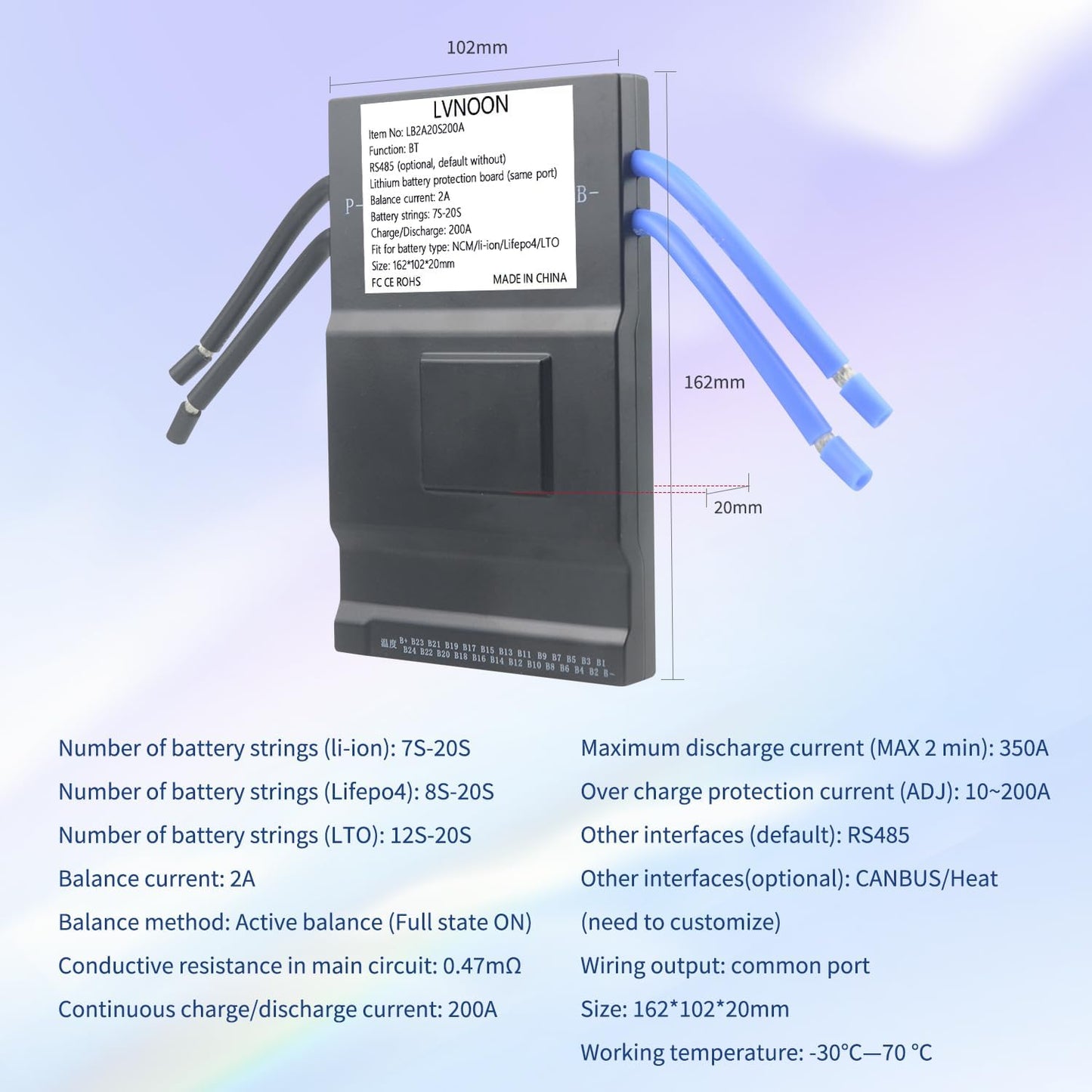 LB2A Smart Active Balancer BMS voor Li-ion NCM LFP LiFePo4 LTO Battery Management System 3S tot 24S 150A 200A 300A met APP Control 12V 24V 48V 60V 72V 84V (200A, 7-20S)