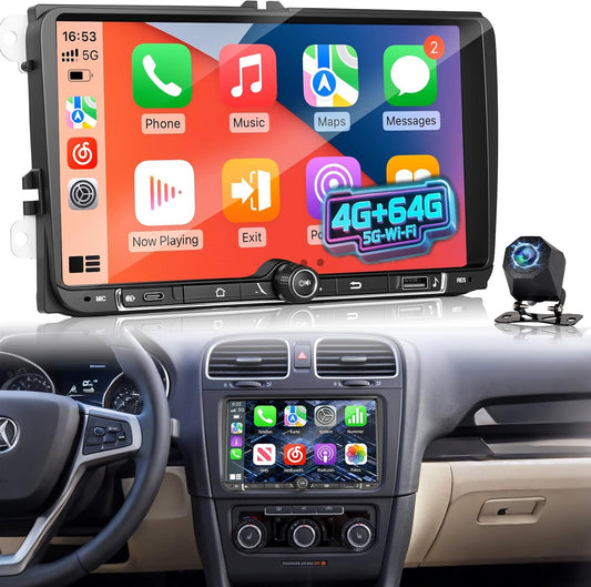 4+64G Android Autoradio voor Volkswagen Golf Passat Jetta Tiguan Polo Touran Seat Skoda, Draadloze CarPlay Android Auto, Touchscreen Display, DSP, GPS, WiFi, Achteruitrijcamera, Plug & Play Radio
