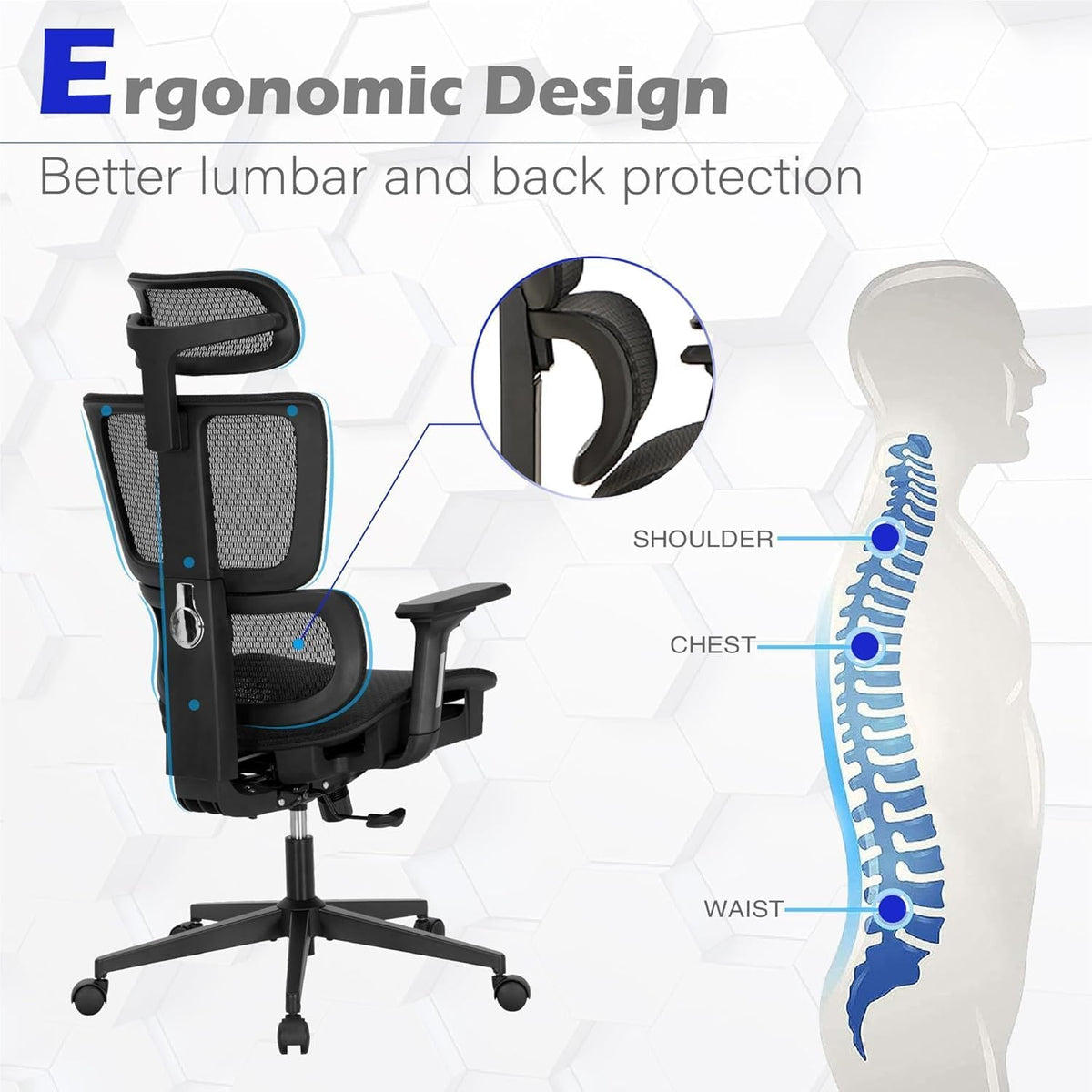 ALPHA HOME Ergonomische bureaustoel met voetensteun, verstelbare lendensteun en hoofdsteun, ademende computerstoel met 3D-armleuning, voor thuis, kantoor, werkkamer