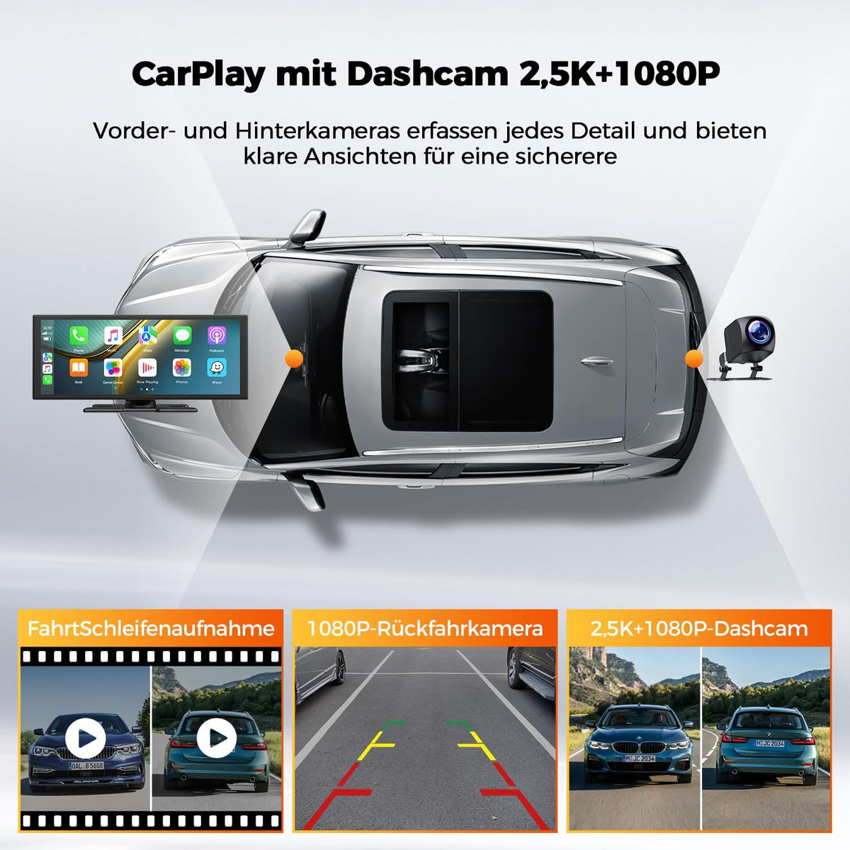 10,25" Draadloos Carplay-scherm Voor Auto Met 2,5K + 1080P Dashcam En Achteruitrijcamera Ondersteunt AppIe Carplay En Android Auto Draagbare Carplay Spraakassistent Mirrorlink Navigatie Bluetooth AUX