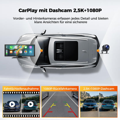 10,25" Draadloos Carplay-scherm Voor Auto Met 2,5K + 1080P Dashcam En Achteruitrijcamera Ondersteunt AppIe Carplay En Android Auto Draagbare Carplay Spraakassistent Mirrorlink Navigatie Bluetooth AUX